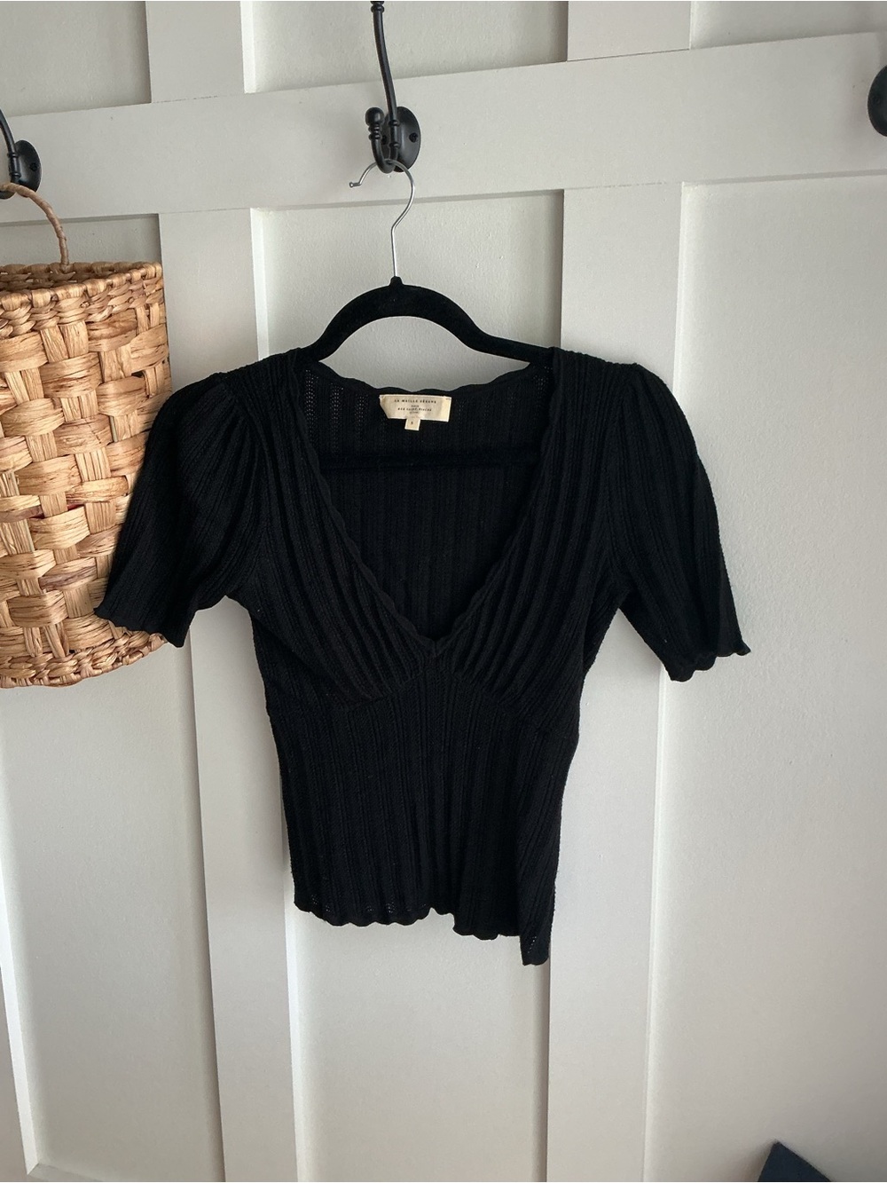 Sezane Chloe Black Ribbed V-Neck Short Sleeve Sweater